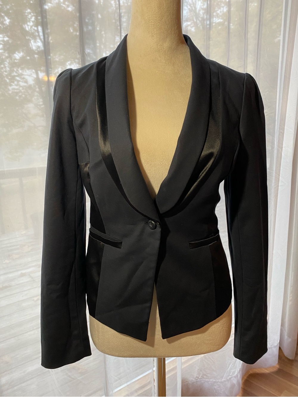 Anthropologie Elevenses Black Blazer Shawl Collar Satin Accent Green Lining Sz 6